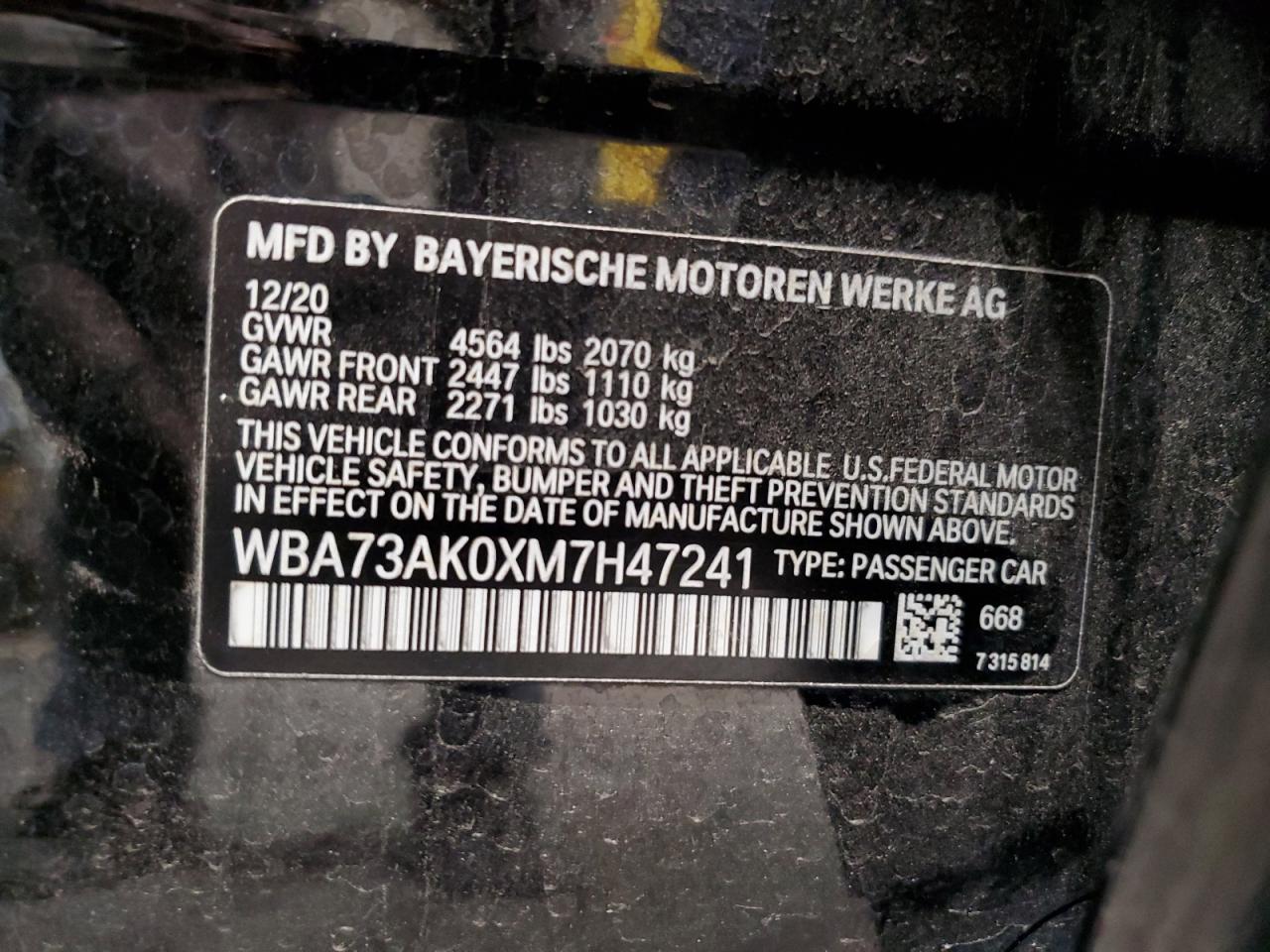 2021 BMW 228Xi VIN: WBA73AK0XM7H47241 Lot: 77201734