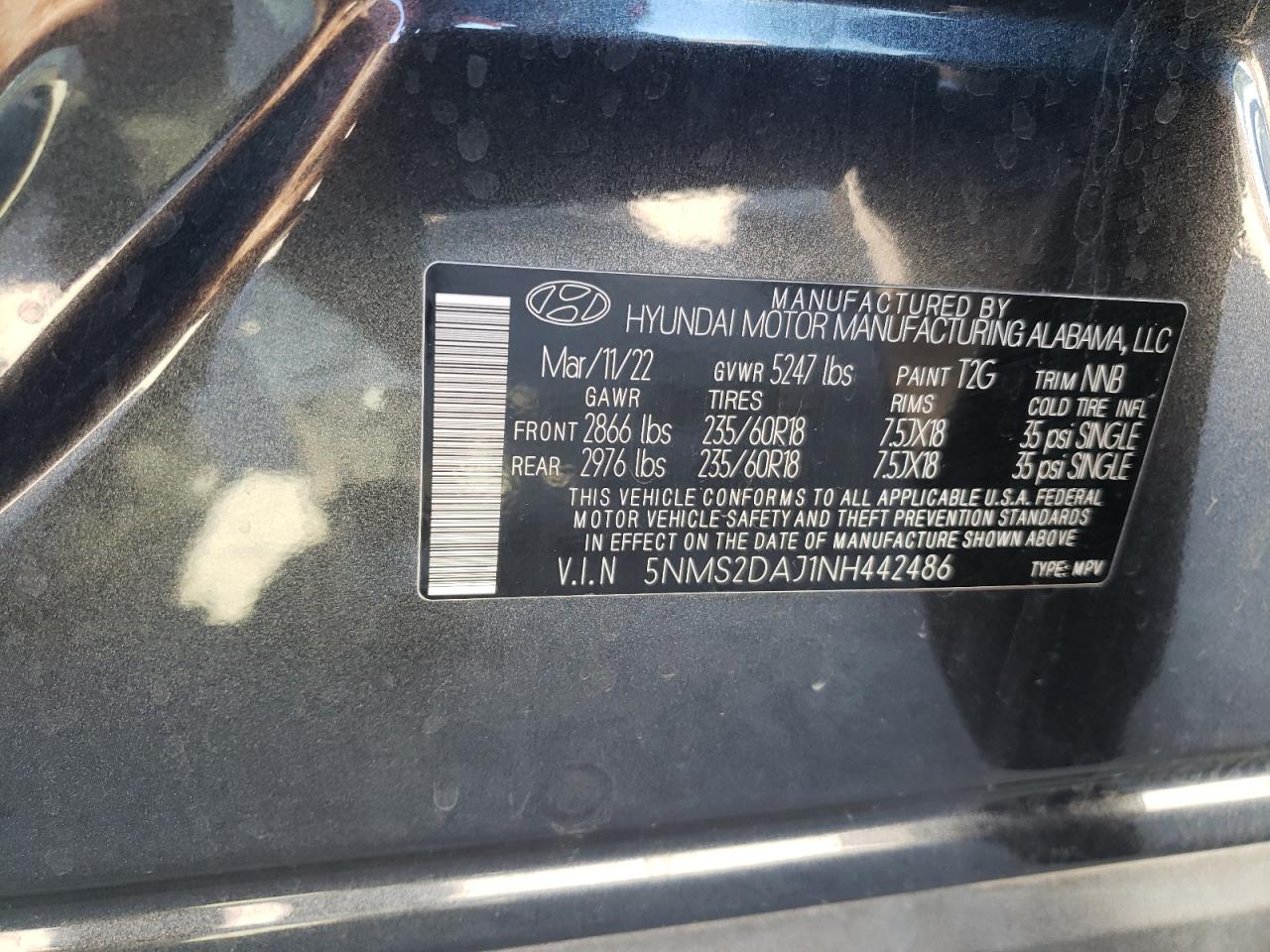 2022 Hyundai Santa Fe Sel VIN: 5NMS2DAJ1NH442486 Lot: 76189384