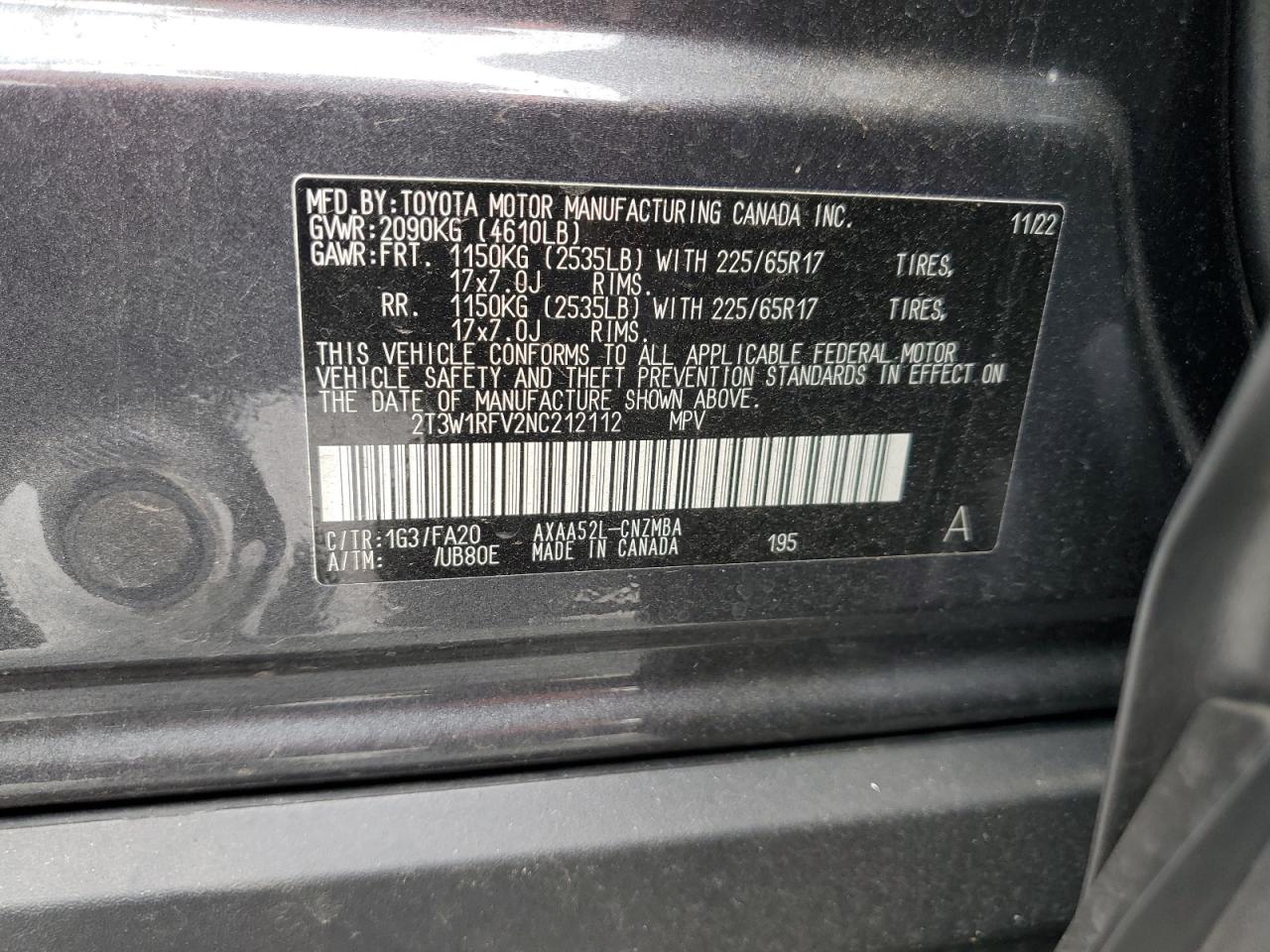 2T3W1RFV2NC212112 2022 Toyota Rav4 Xle