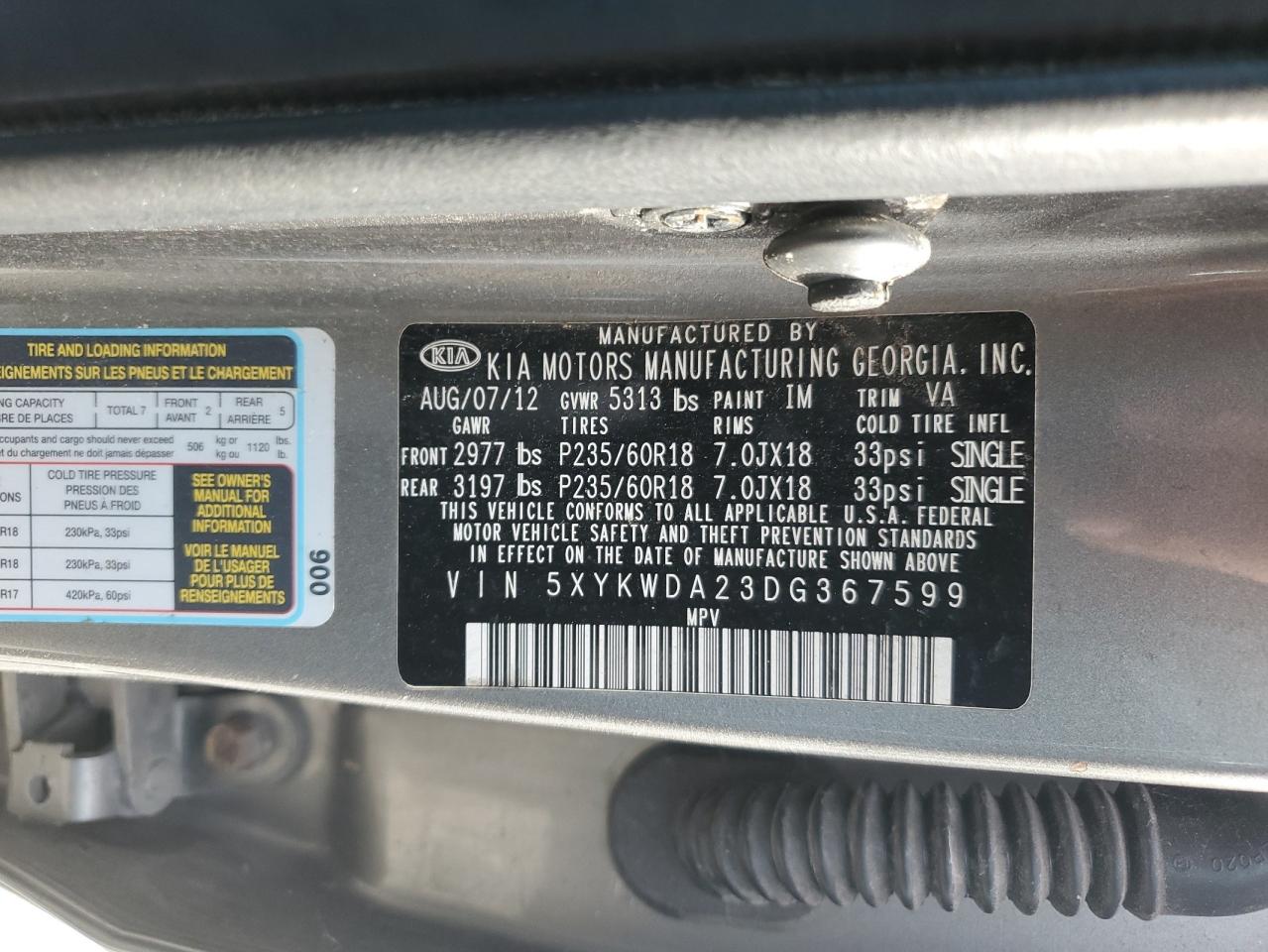 2013 Kia Sorento Sx VIN: 5XYKWDA23DG367599 Lot: 78442524