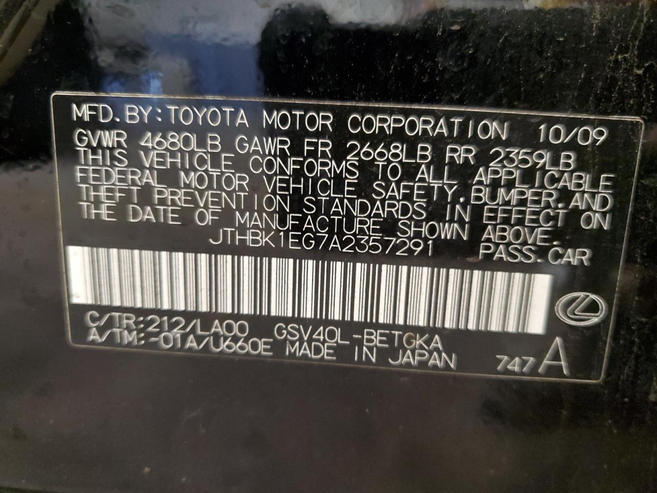 2010 Lexus Es 350 VIN: JTHBK1EG7A2357291 Lot: 74674844