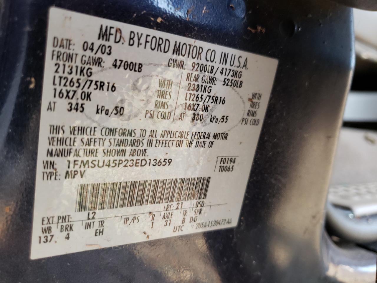 2003 Ford Excursion Eddie Bauer VIN: 1FMSU45P23ED13659 Lot: 94308645