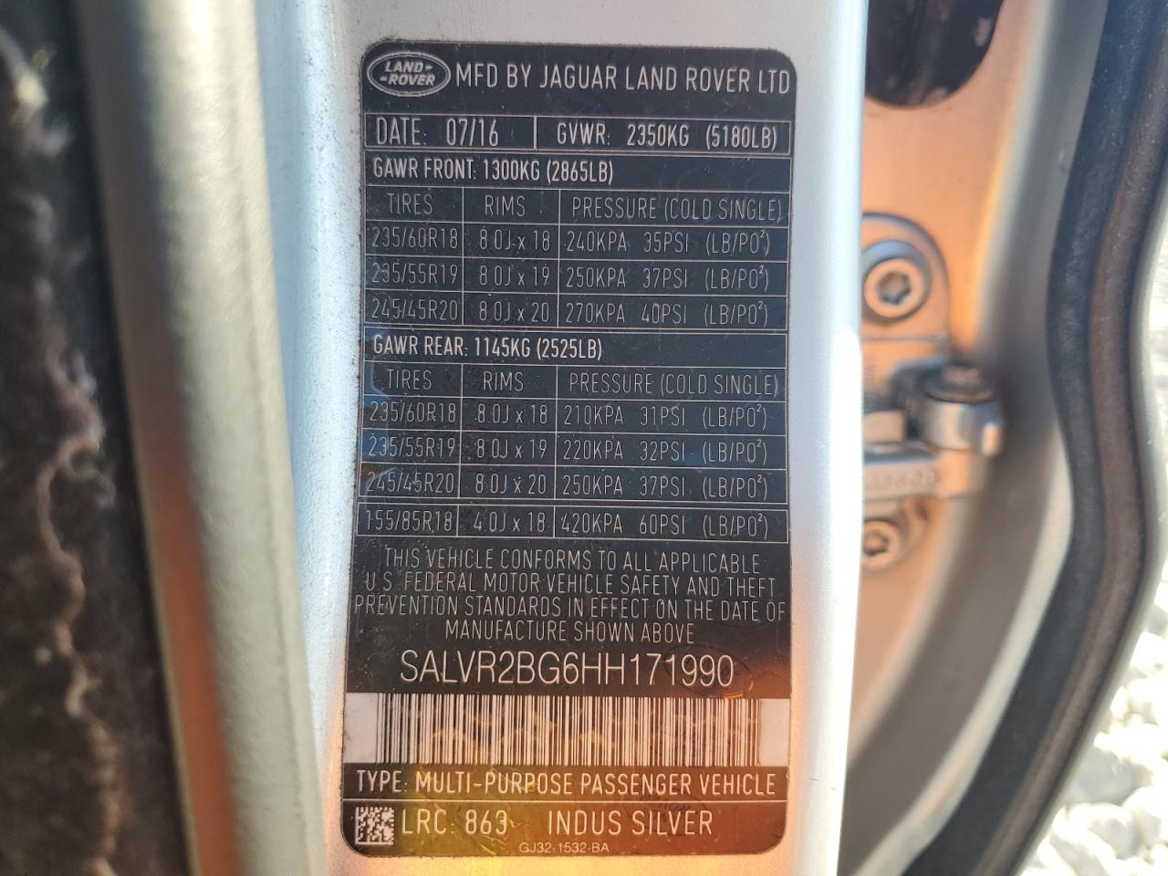 2017 Land Rover Range Rover Evoque Hse VIN: SALVR2BG6HH171990 Lot: 73629584