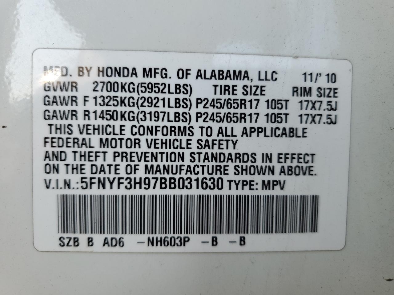 5FNYF3H97BB031630 2011 Honda Pilot Touring