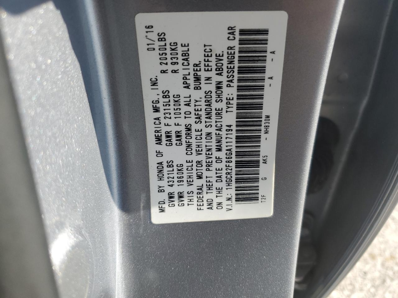 1HGCR2F86GA117194 2016 Honda Accord Exl