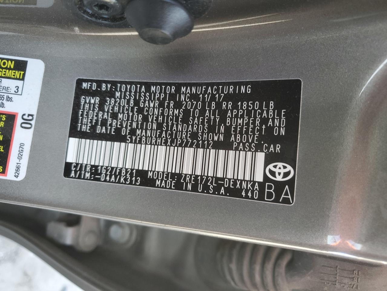 2018 Toyota Corolla L VIN: 5YFBURHEXJP772112 Lot: 76061084