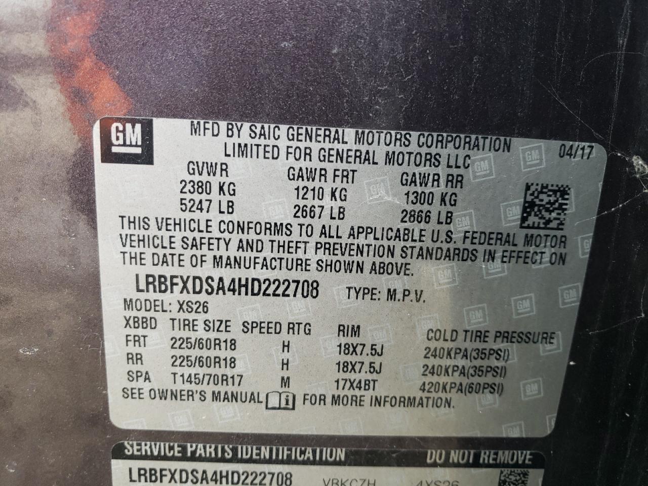 LRBFXDSA4HD222708 2017 Buick Envision Essence