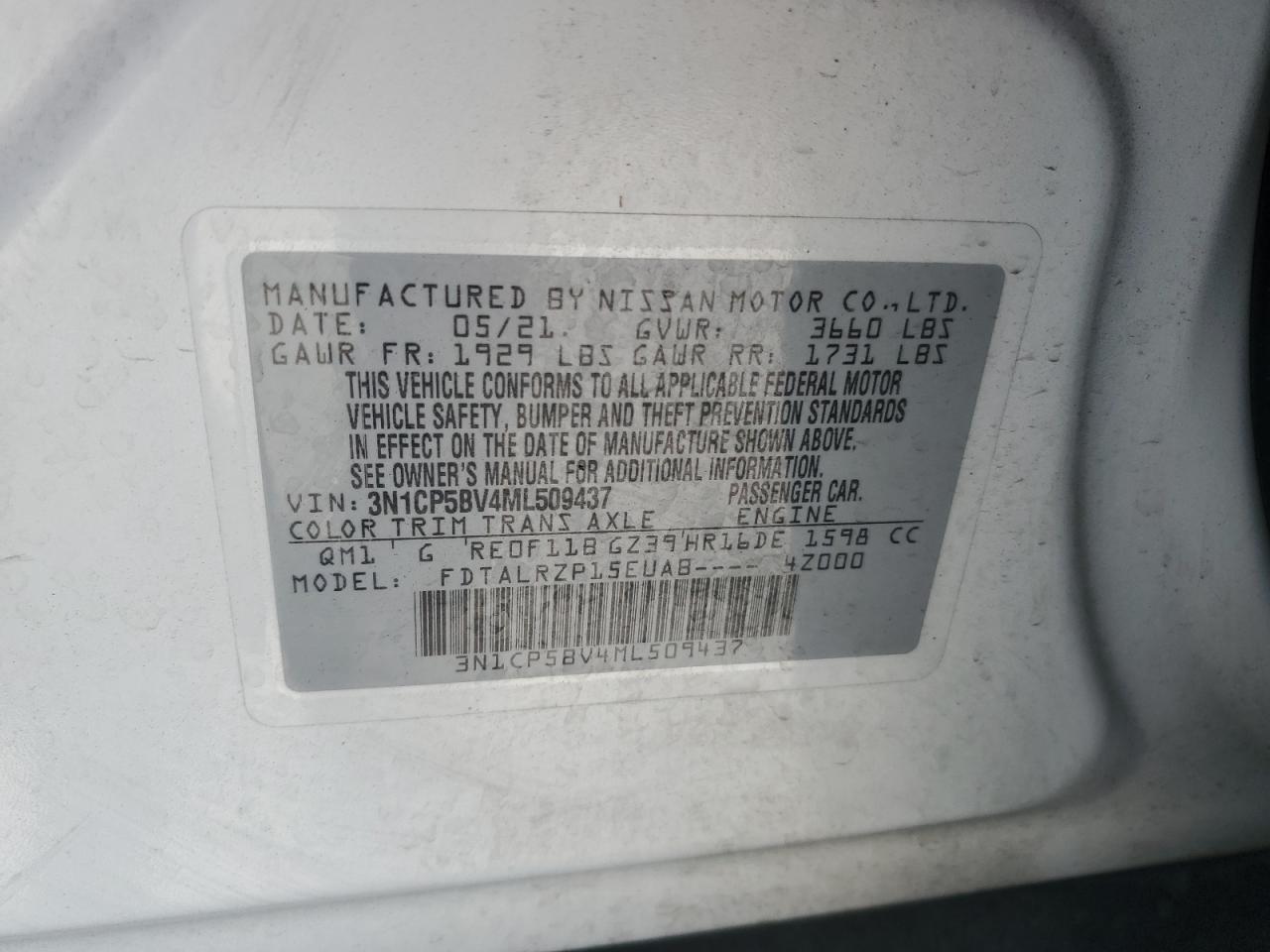 3N1CP5BV4ML509437 2021 Nissan Kicks S