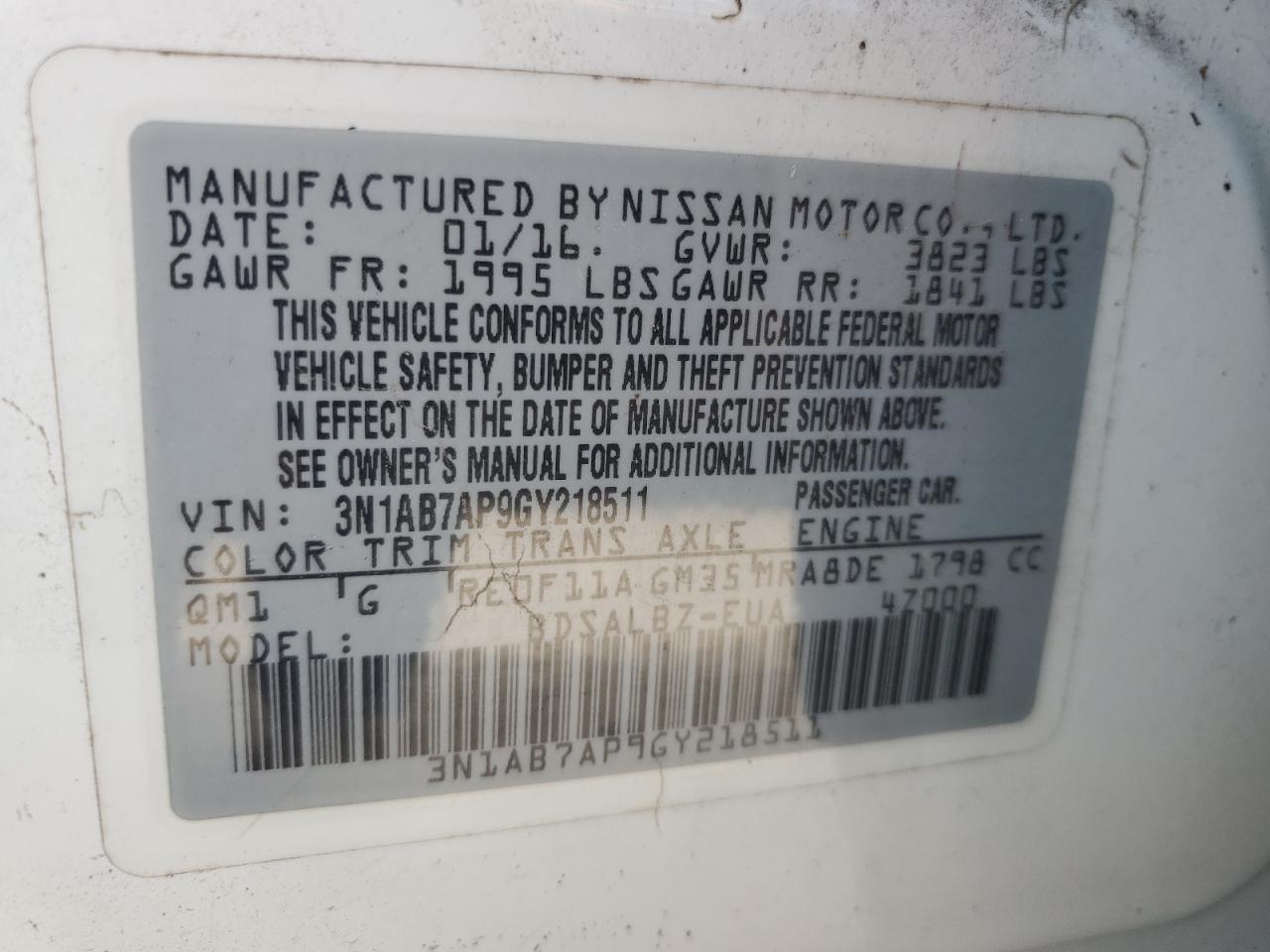 3N1AB7AP9GY218511 2016 Nissan Sentra S