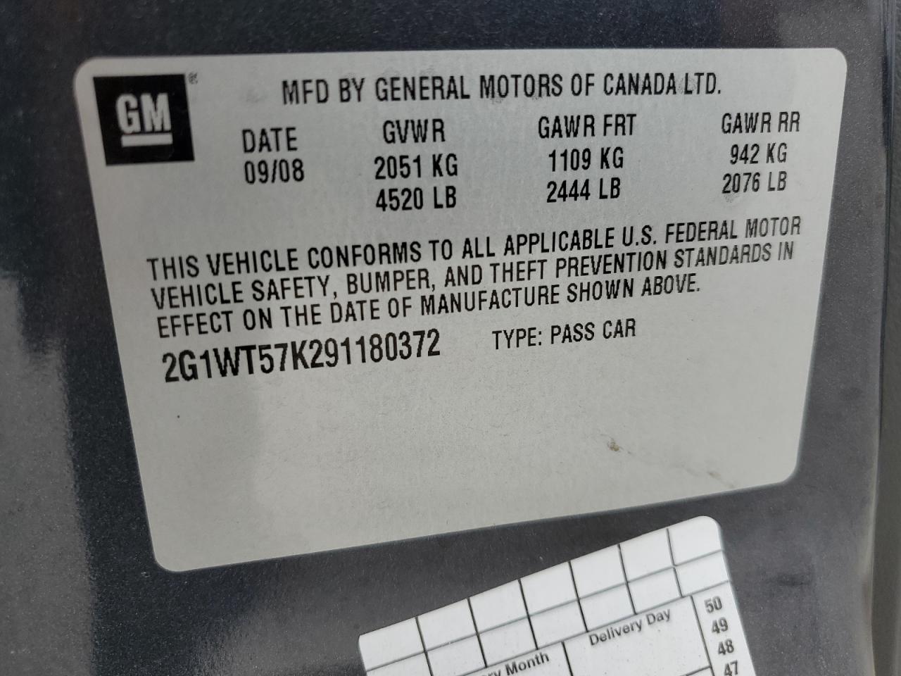 2009 Chevrolet Impala 1Lt VIN: 2G1WT57K291180372 Lot: 77570674