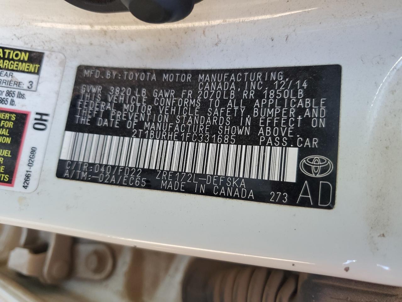 2T1BURHE1FC331685 2015 TOYOTA COROLLA - Image 12