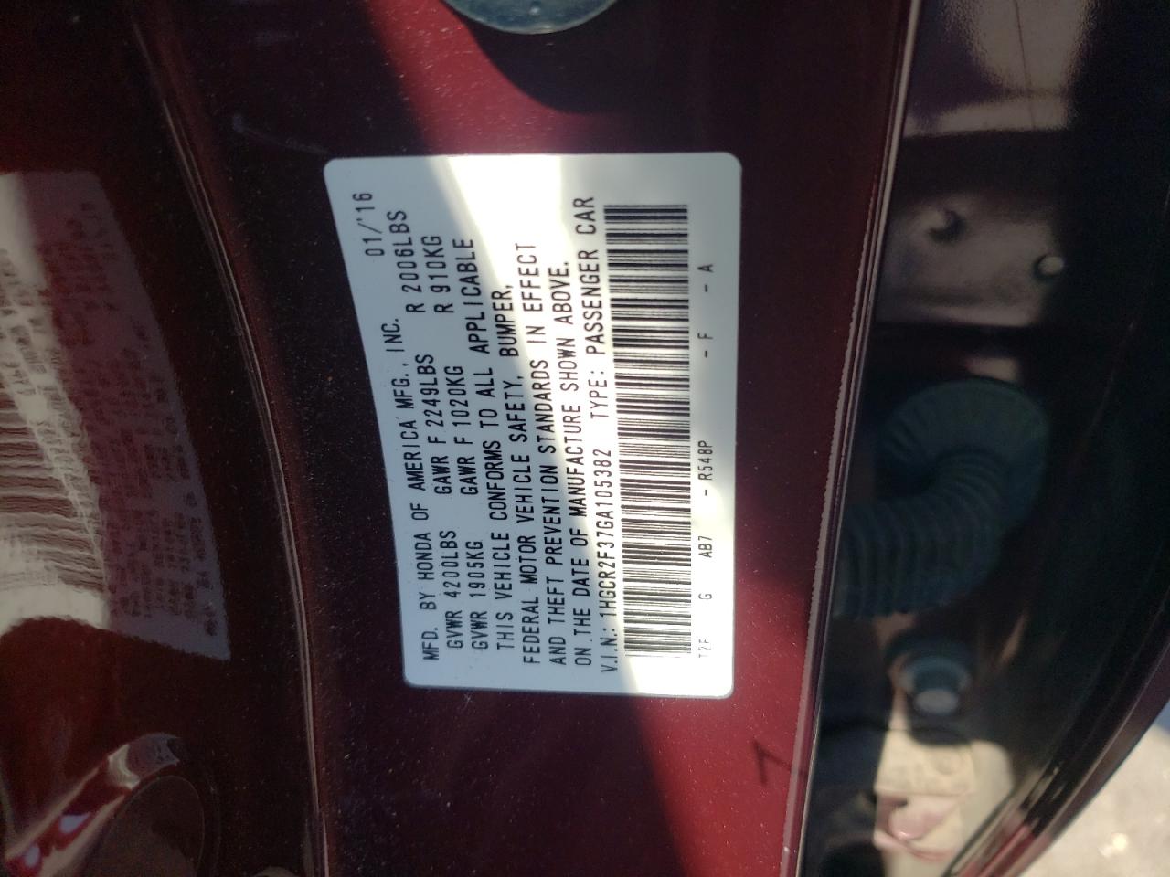 1HGCR2F37GA105382 2016 Honda Accord Lx