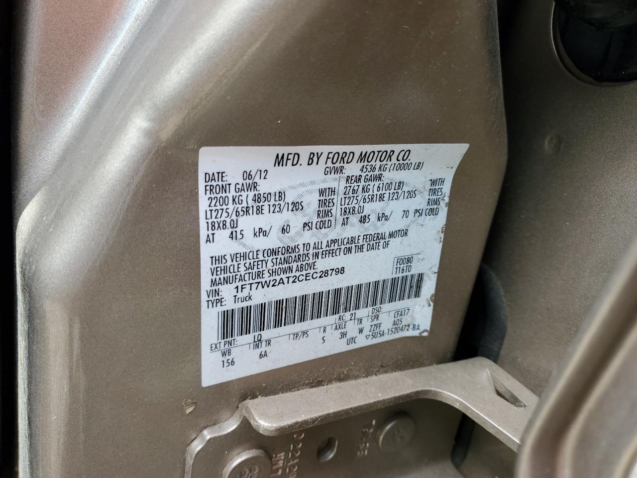 2012 Ford F250 Super Duty VIN: 1FT7W2AT2CEC28798 Lot: 74479004