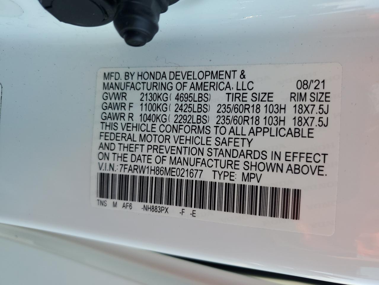 2021 Honda Cr-V Exl VIN: 7FARW1H86ME021677 Lot: 73885414