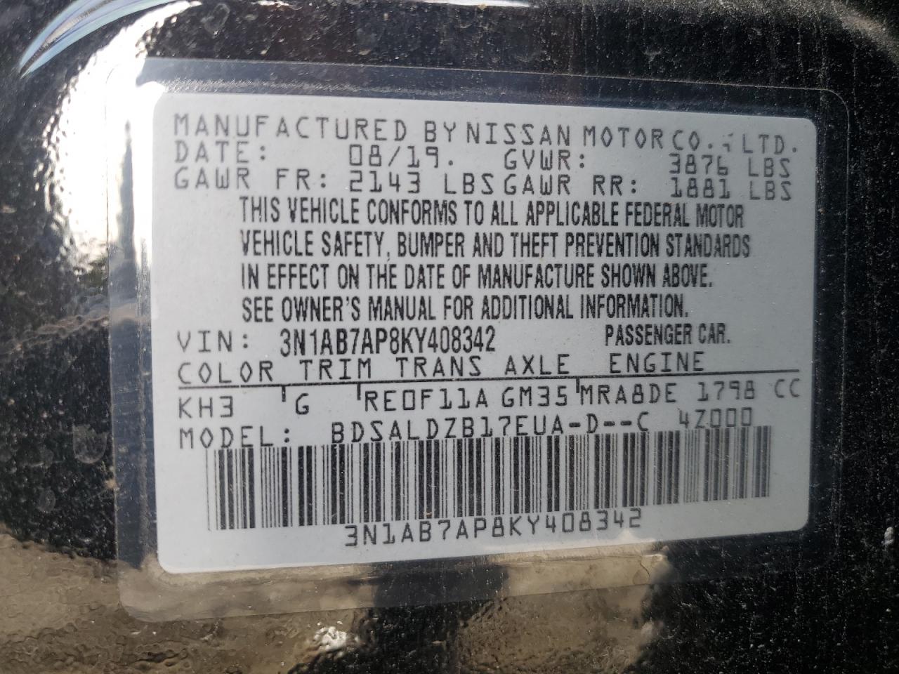 3N1AB7AP8KY408342 2019 Nissan Sentra S