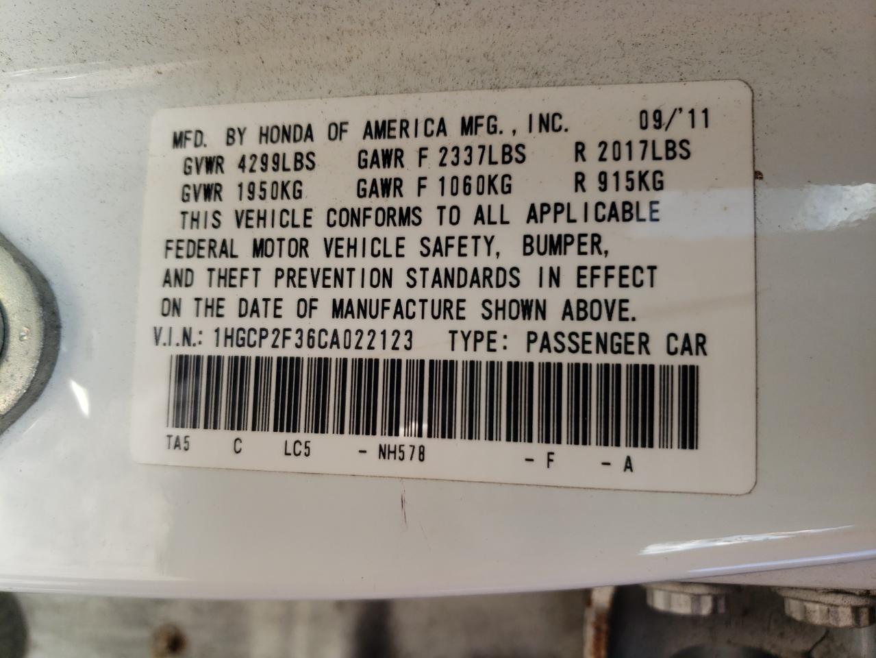 1HGCP2F36CA022123 2012 Honda Accord Lx