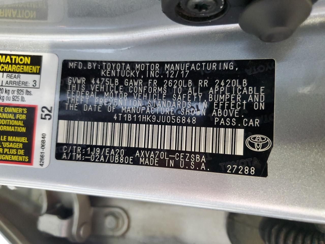 4T1B11HK9JU056848 2018 Toyota Camry L