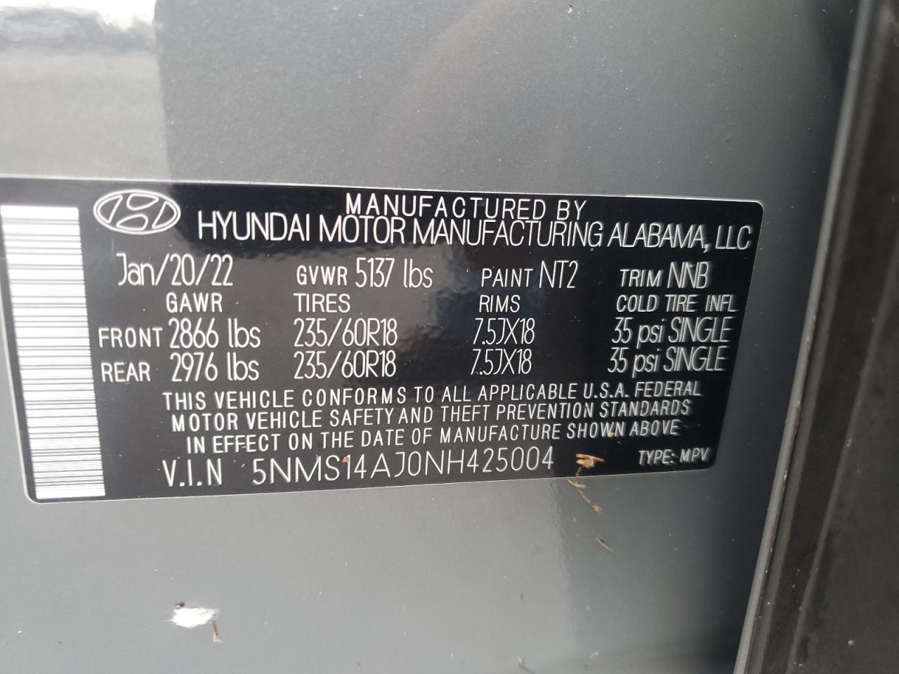 2022 Hyundai Santa Fe Se VIN: 5NMS14AJ0NH425004 Lot: 74421414