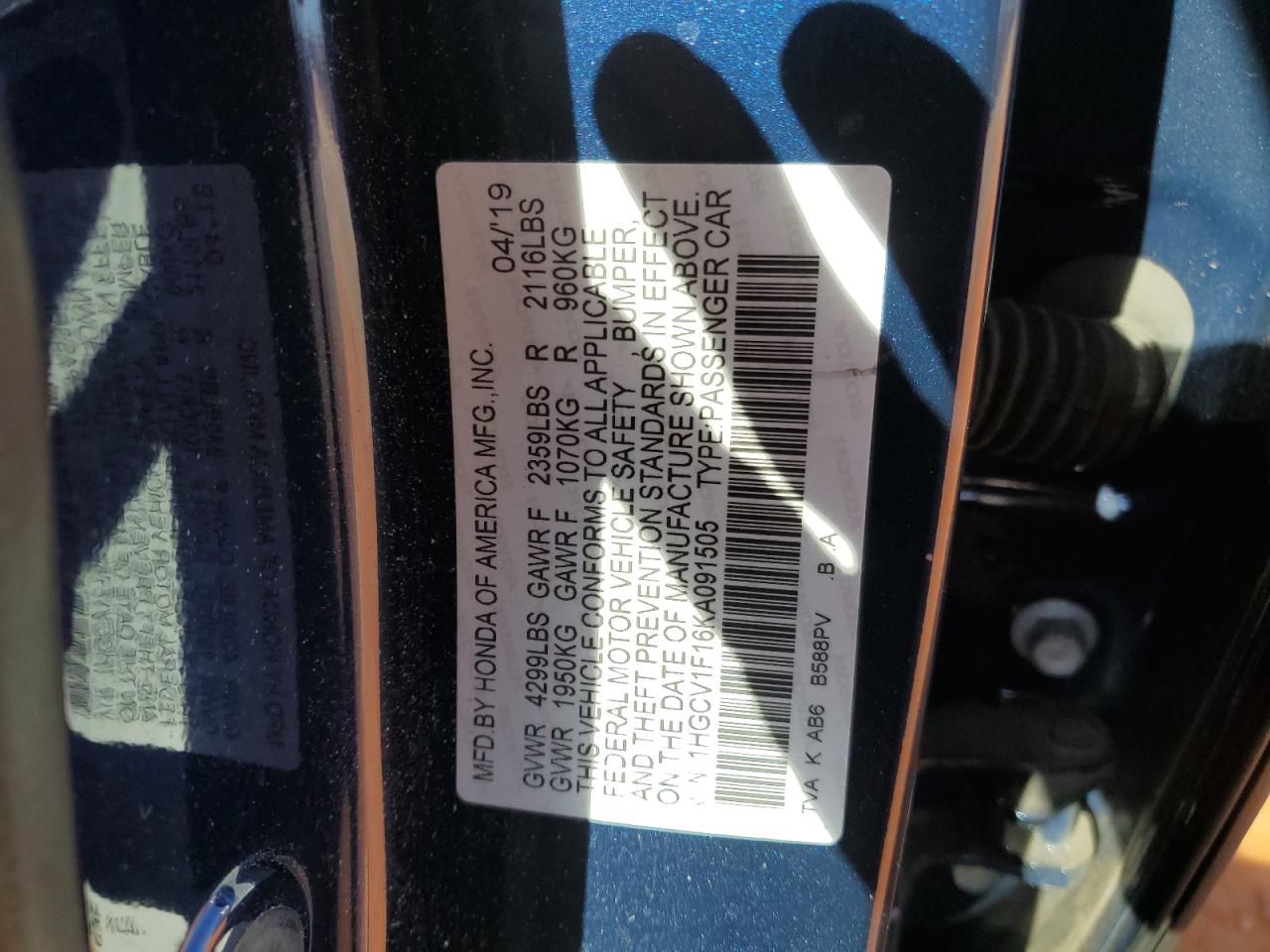 1HGCV1F16KA091505 2019 Honda Accord Lx