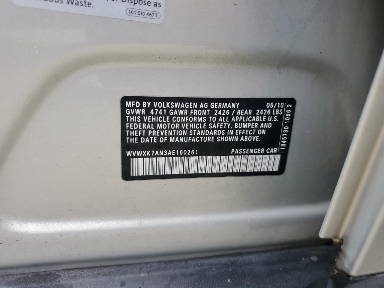 2010 Volkswagen Passat Komfort VIN: WVWXK7AN3AE160261 Lot: 74591274
