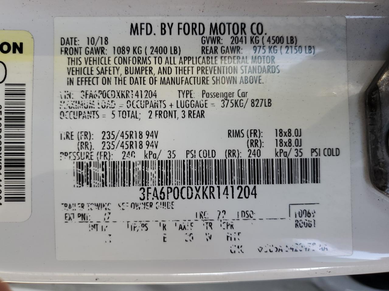 3FA6P0CDXKR141204 2019 Ford Fusion Sel