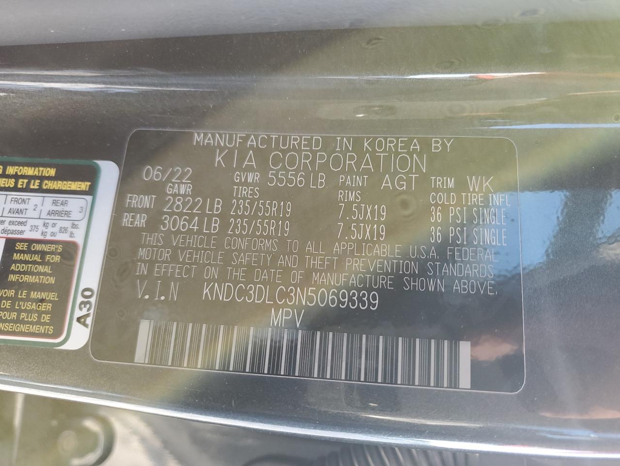 KNDC3DLC3N5069339 2022 Kia Ev6 Light