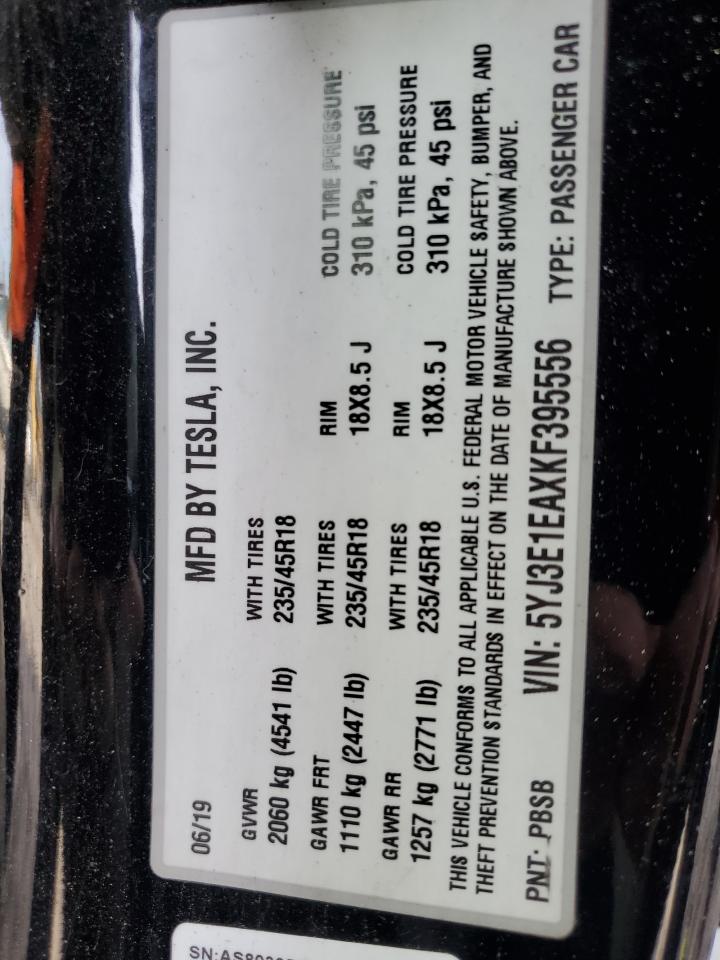 2019 Tesla Model 3 VIN: 5YJ3E1EAXKF395556 Lot: 74335824
