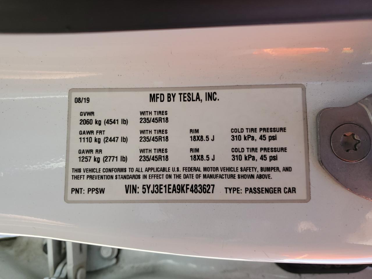 5YJ3E1EA9KF483627 2019 Tesla Model 3