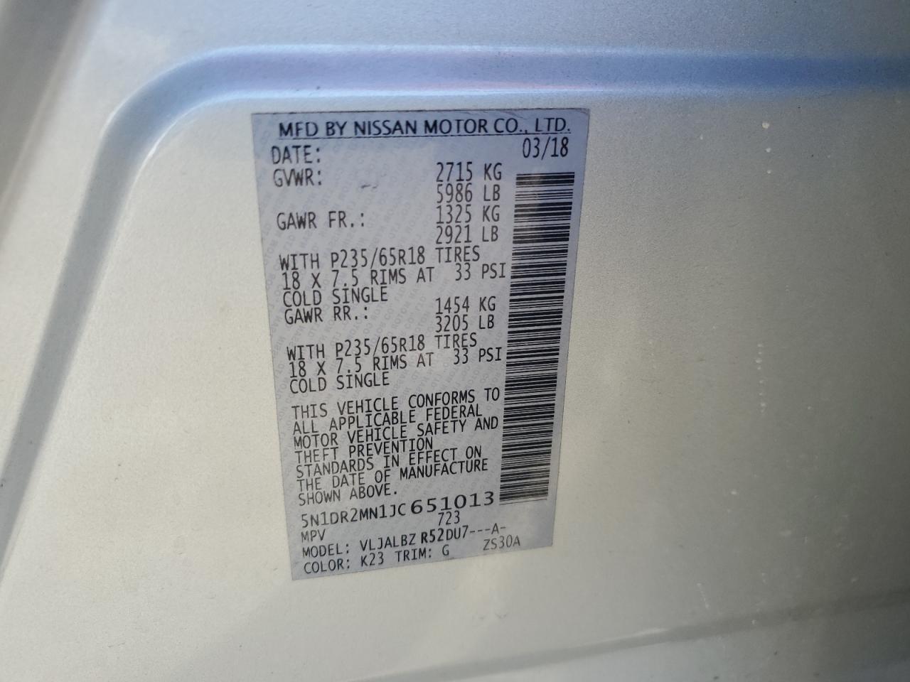 2018 Nissan Pathfinder S VIN: 5N1DR2MN1JC651013 Lot: 75050264