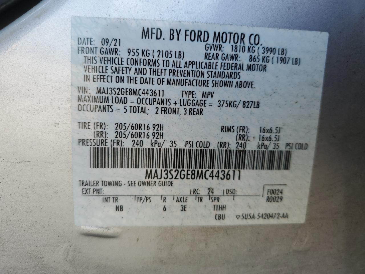 MAJ3S2GE8MC443611 2021 Ford Ecosport Se