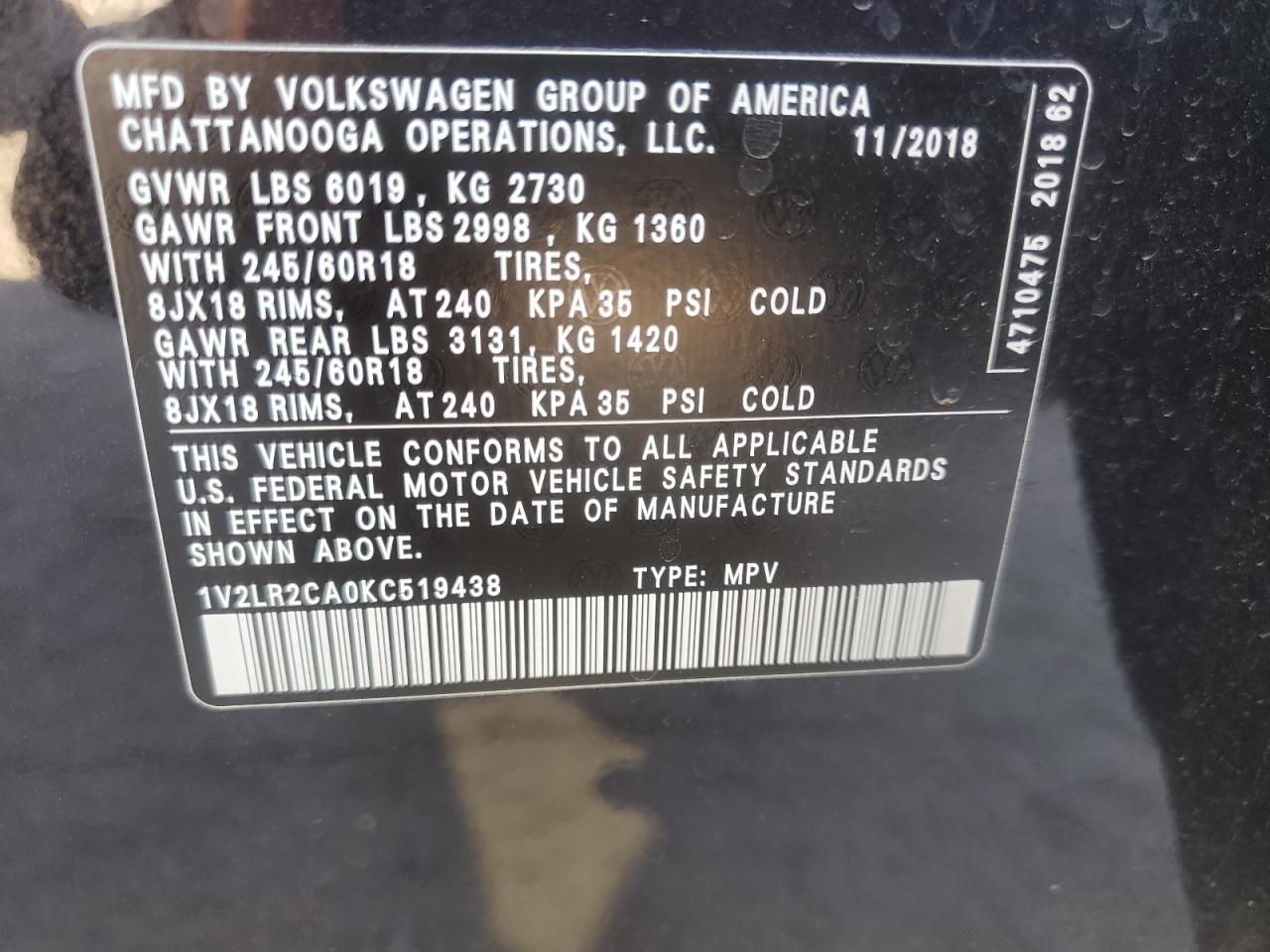 1V2LR2CA0KC519438 2019 Volkswagen Atlas Se