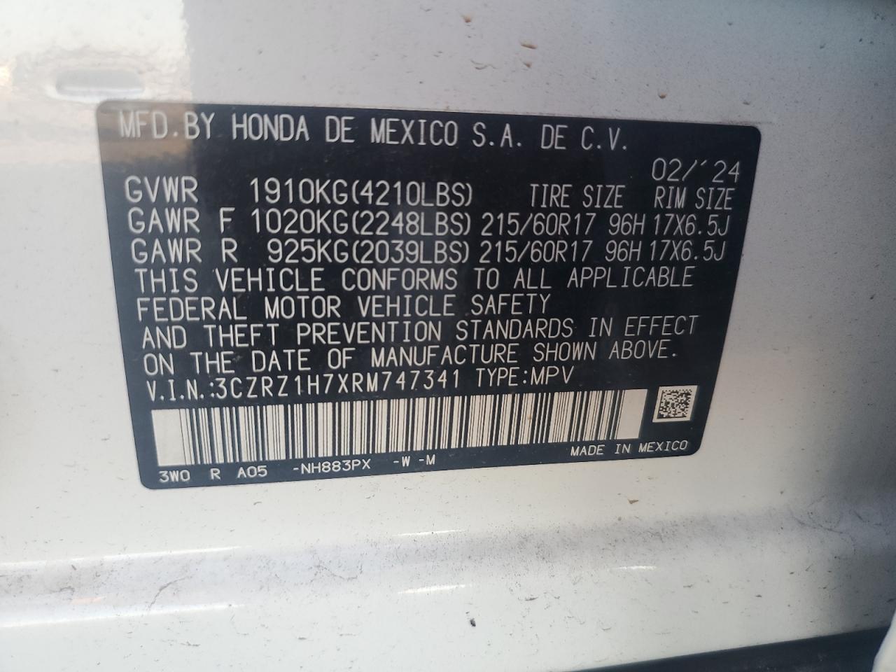 3CZRZ1H7XRM747341 2024 Honda Hr-V Exl