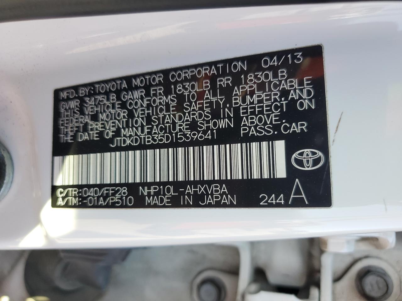 VIN JTDKDTB35D1539641 2013 TOYOTA PRIUS no.12