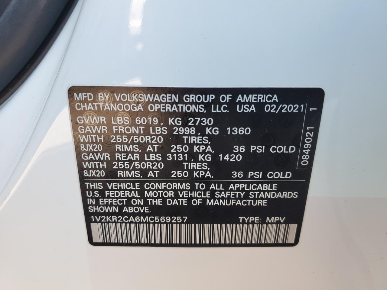 2021 Volkswagen Atlas Se VIN: 1V2KR2CA6MC569257 Lot: 77416194