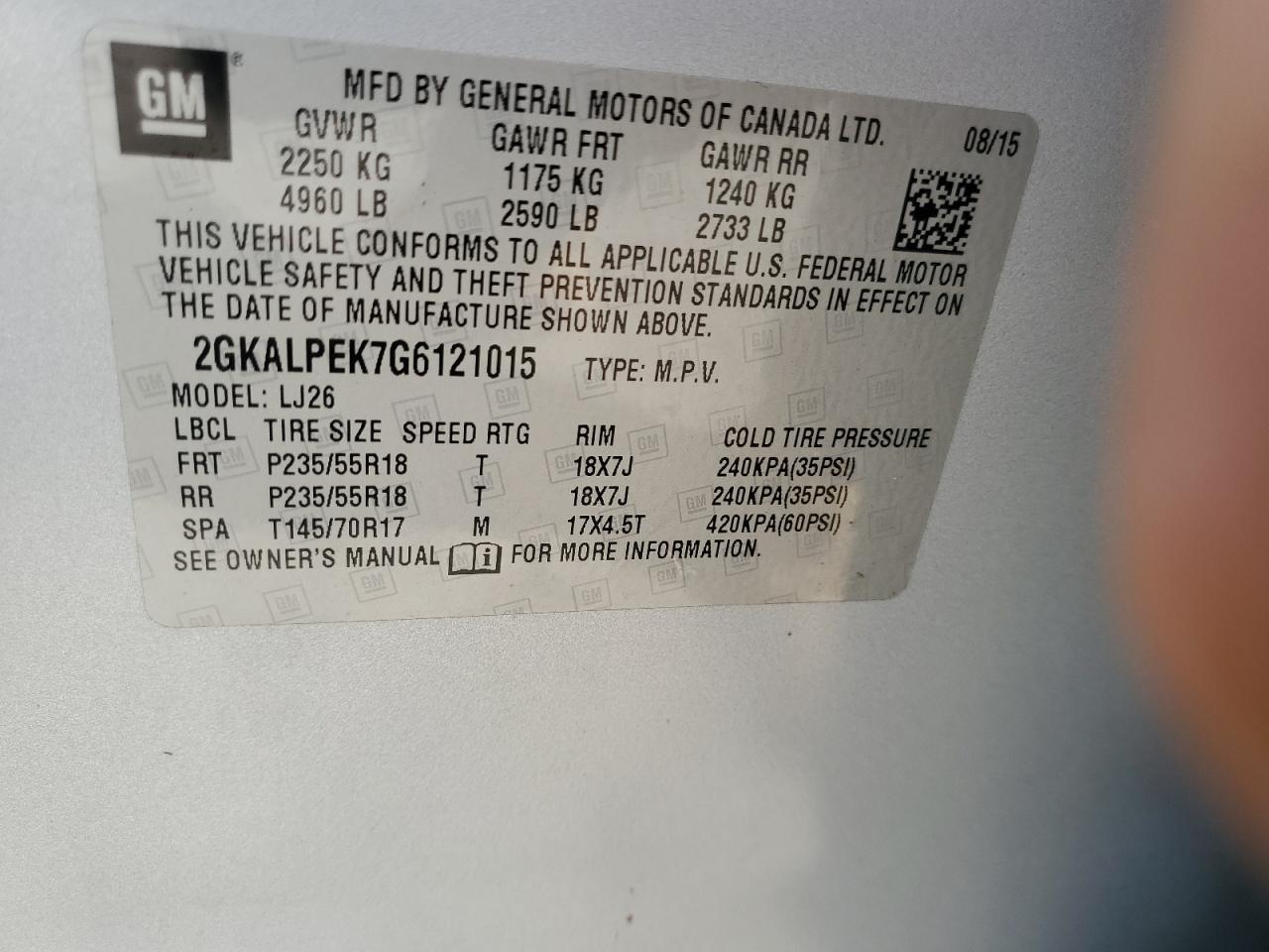 2016 GMC Terrain Slt VIN: 2GKALPEK7G6121015 Lot: 75725744