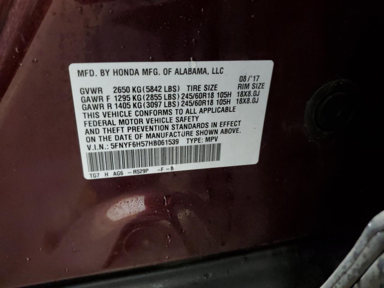 5FNYF6H57HB061539 2017 Honda Pilot Exl