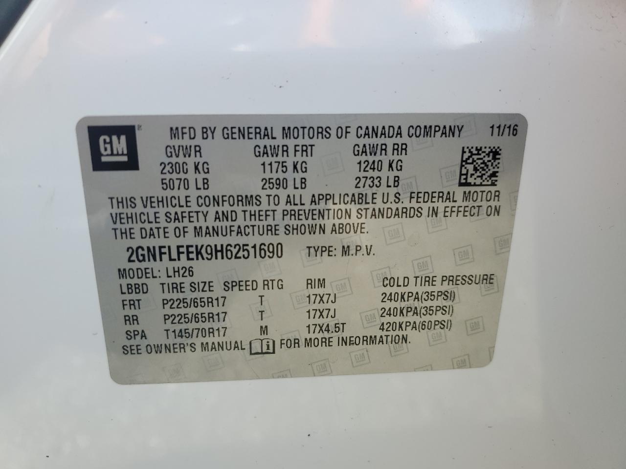 2GNFLFEK9H6251690 2017 Chevrolet Equinox Lt