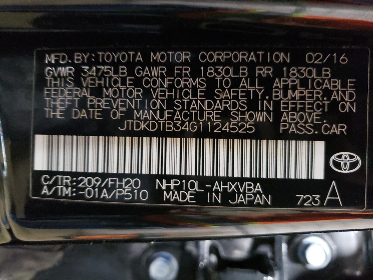 JTDKDTB34G1124525 2016 Toyota Prius C