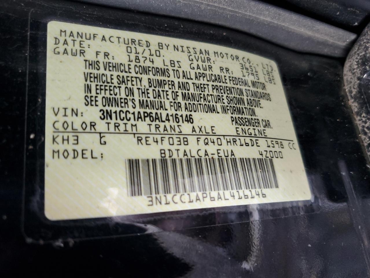 2010 Nissan Versa S VIN: 3N1CC1AP6AL416146 Lot: 73884194