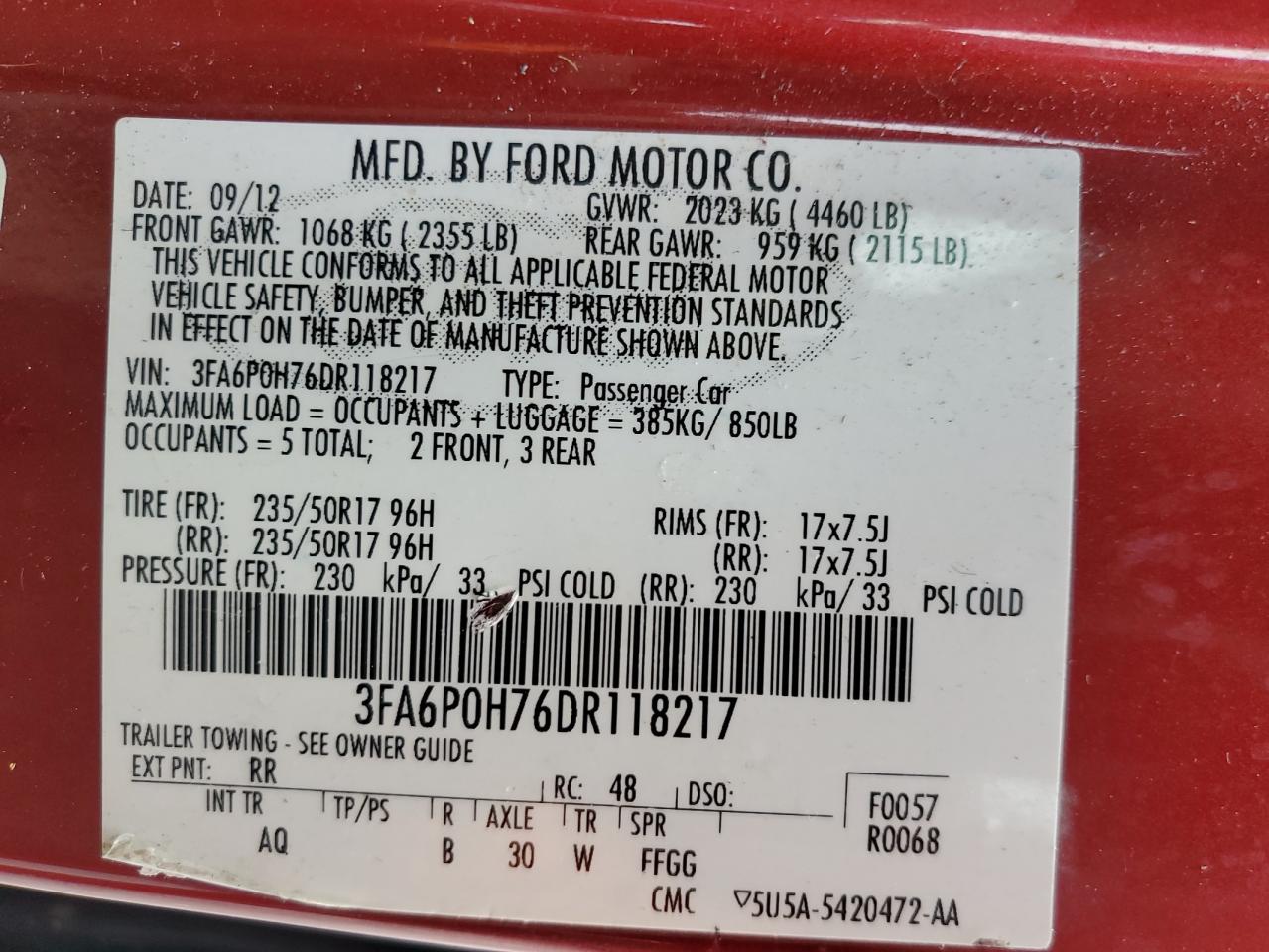 2013 Ford Fusion Se VIN: 3FA6P0H76DR118217 Lot: 59735835