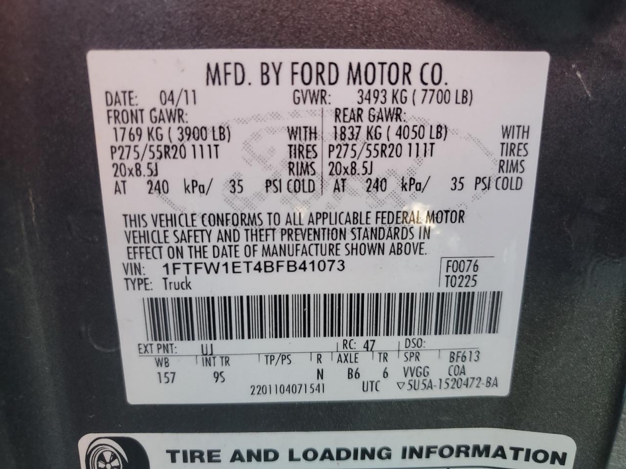 1FTFW1ET4BFB41073 2011 Ford F150 Supercrew