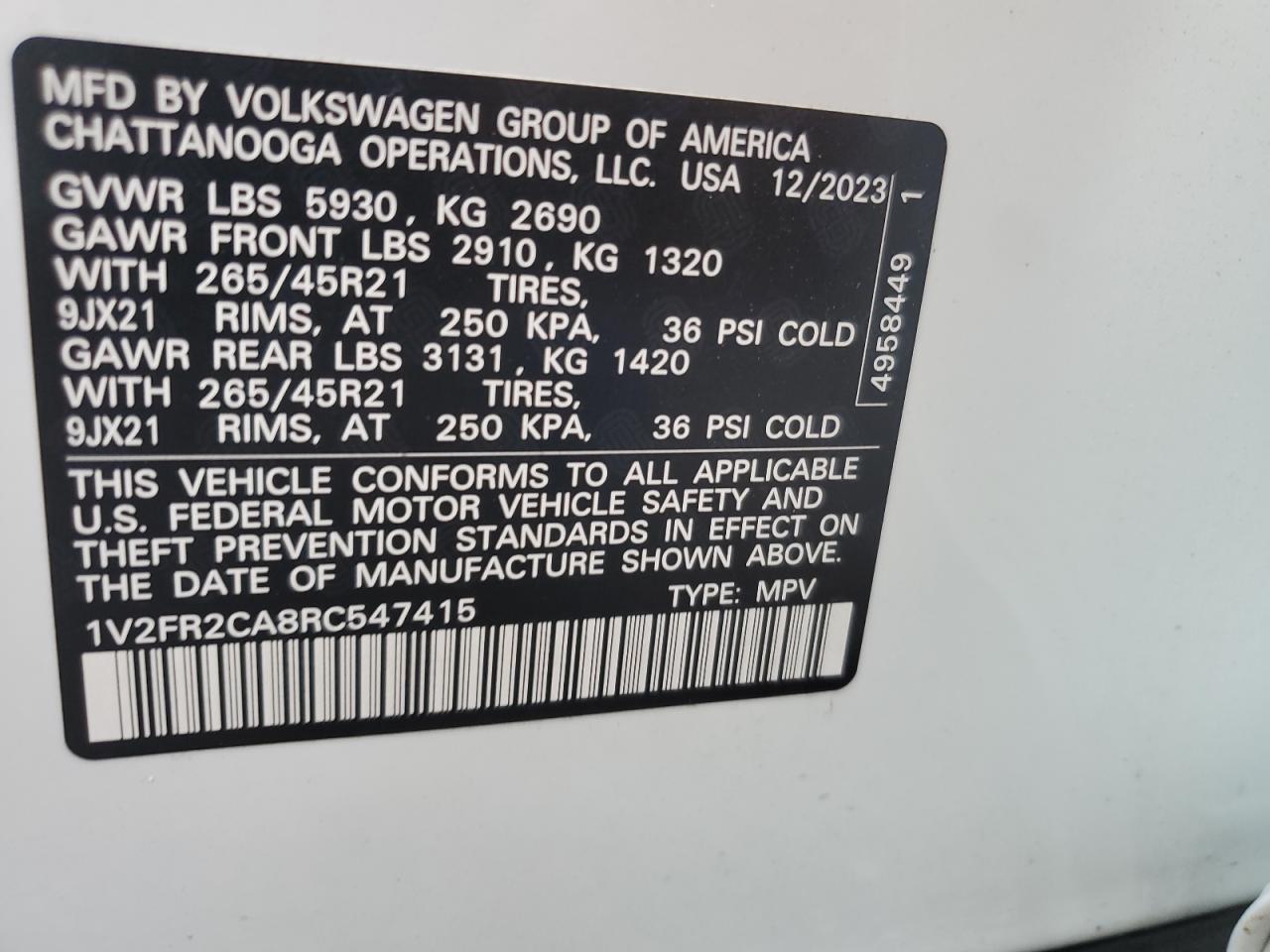 2024 Volkswagen Atlas Sel Premium R-Line VIN: 1V2FR2CA8RC547415 Lot: 75106134