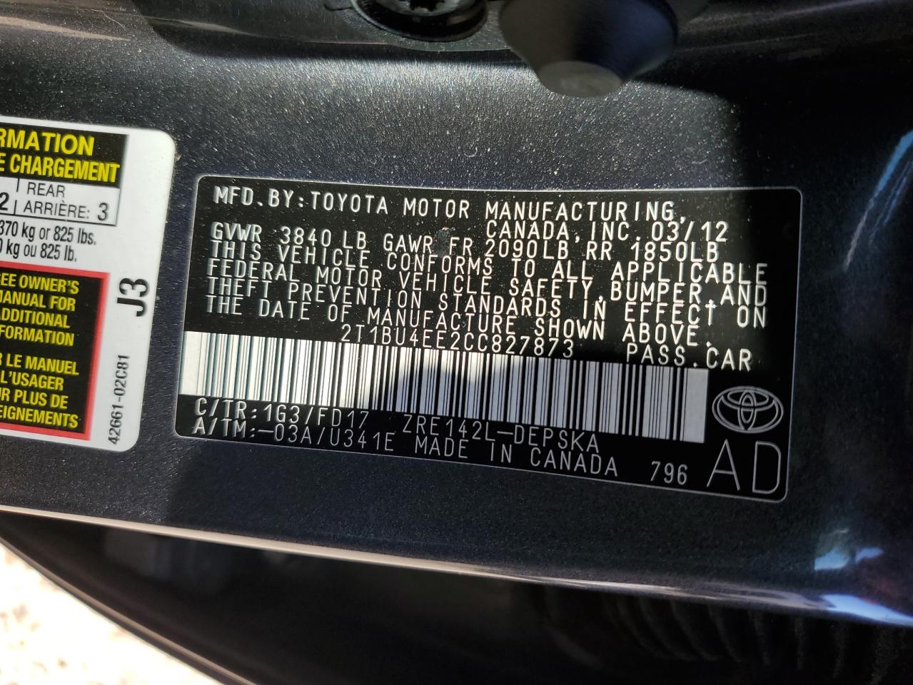 2T1BU4EE2CC827873 2012 Toyota Corolla Base