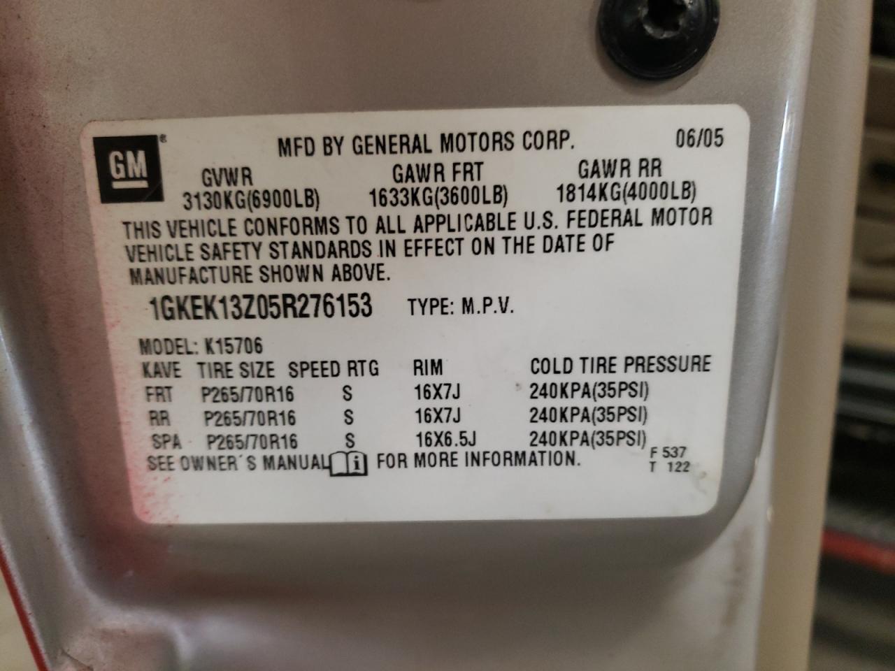 2005 GMC Yukon VIN: 1GKEK13Z05R276153 Lot: 73983594