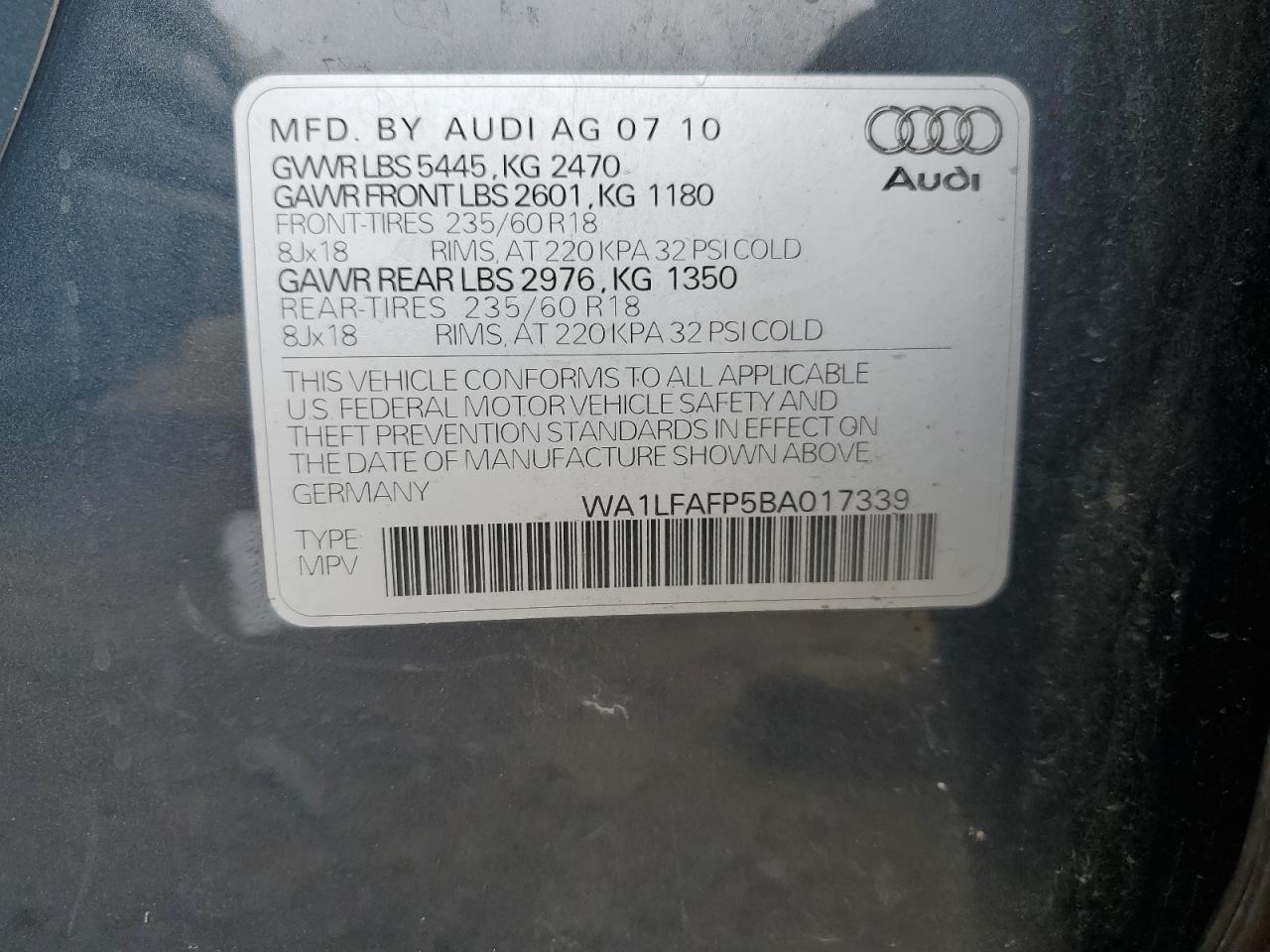 2011 Audi Q5 Premium Plus VIN: WA1LFAFP5BA017339 Lot: 75771394