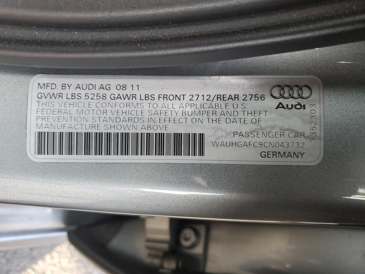 2012 Audi A6 Prestige VIN: WAUHGAFC9CN043732 Lot: 75999124