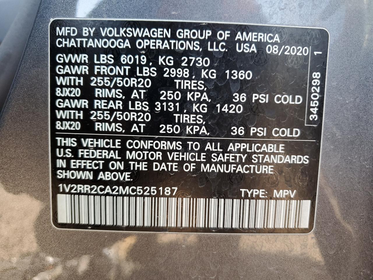 2021 Volkswagen Atlas Se VIN: 1V2RR2CA2MC525187 Lot: 73831284