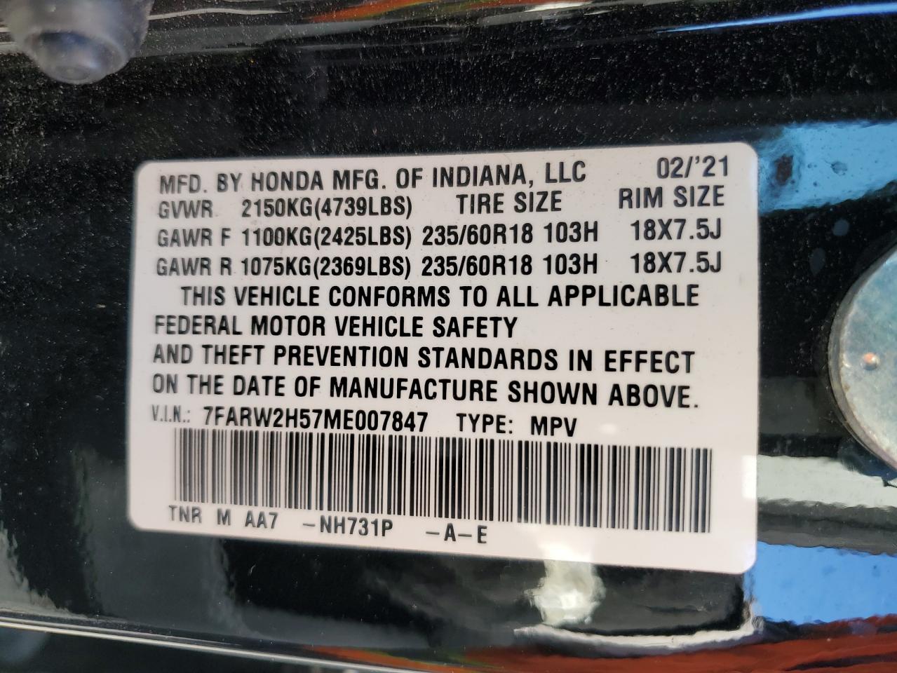 2021 Honda Cr-V Ex VIN: 7FARW2H57ME007847 Lot: 73502774