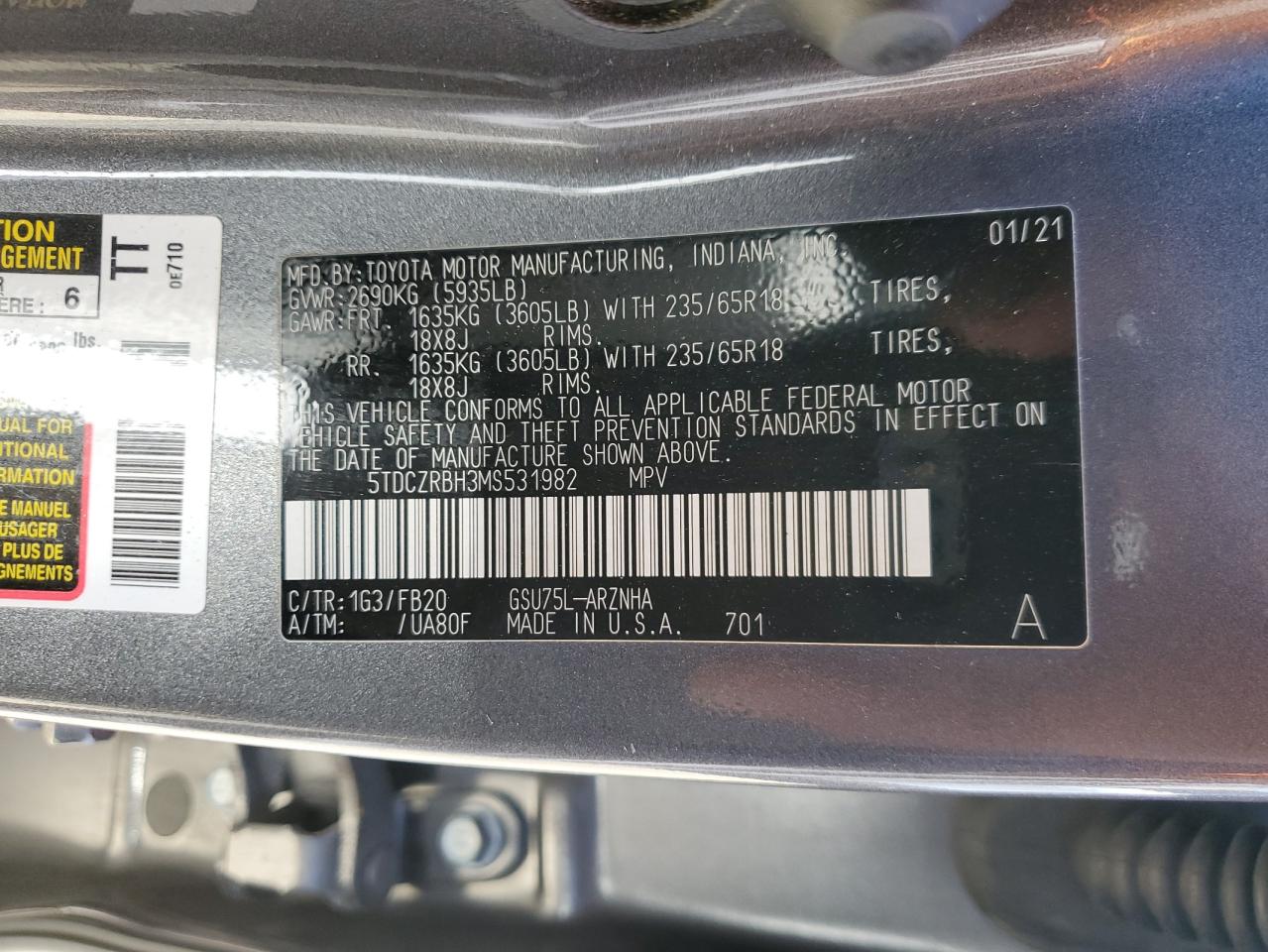 5TDCZRBH3MS531982 2021 Toyota Highlander L