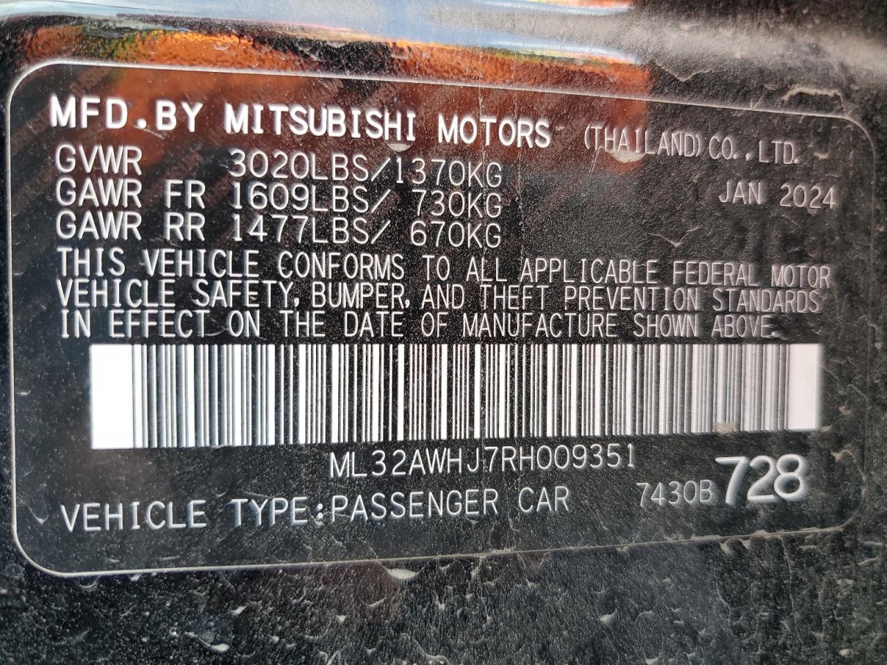 2024 Mitsubishi Mirage Se VIN: ML32AWHJ7RH009351 Lot: 76395164